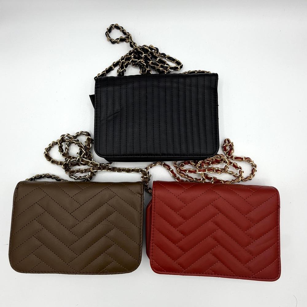 3 Bebe Los Angeles Quilted Crossbody Bag Black Brown Red Studded Chevron Purse - Picture 2 of 11